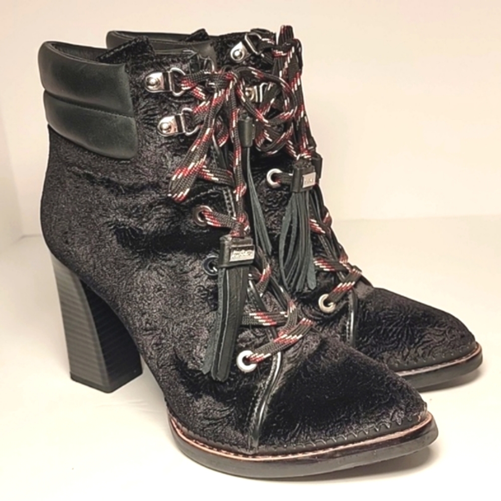 Sam Edelman Sondra Ankle Boots Booties Heels Shoe Lace-up Leather Black Velvet 8 - Picture 7 of 15